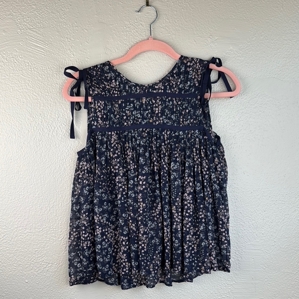 Aqua Navy Floral Sleeveless Top with Bow Details Sz.XS